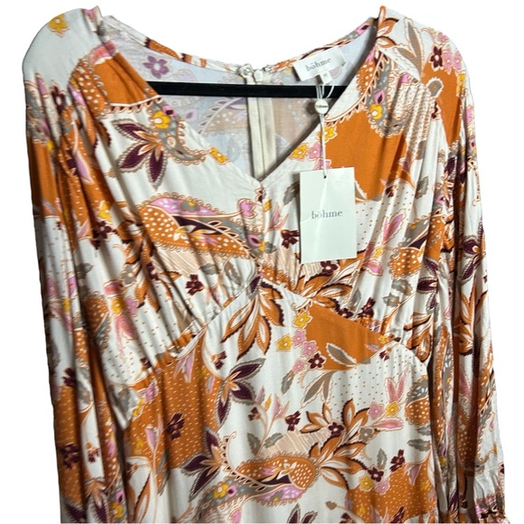 Böhme Cream Orange Floral Paisley Maxi Boho Dress Size Medium Balloon Sleeve - Picture 5 of 11